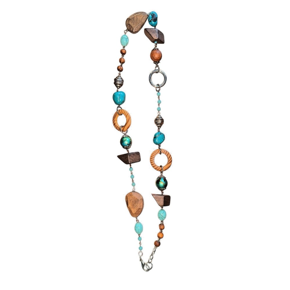 Bohemian Mixed‎ Media Necklace Turquoise Wood Beads Silver Tone Asymmetrical 22"